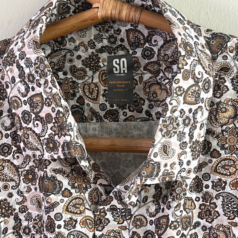 Stacy Adams Dress Shirt Mens 18.5 34/35 Modern‎ Fit Paisley Floral White Brown